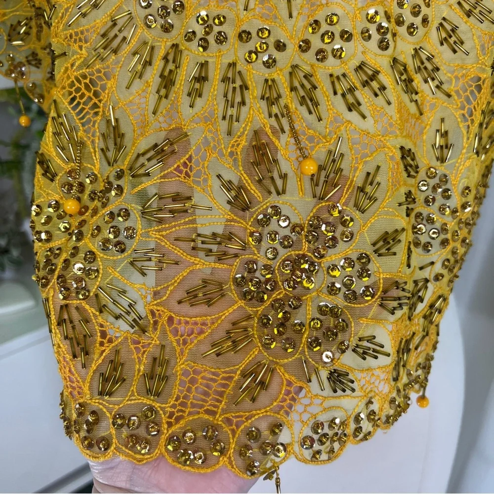 Vintage Funky Yellow Beaded Tie On Top Blouse - Picture 4 of 11